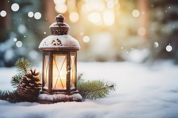 Linterna de Navidad encendida bajo el árbol de Navidad en la nieve cubierta de nieve por la noche al aire libre Estado de ánimo de Navidad Enfoque selectivo Espacio para copiar