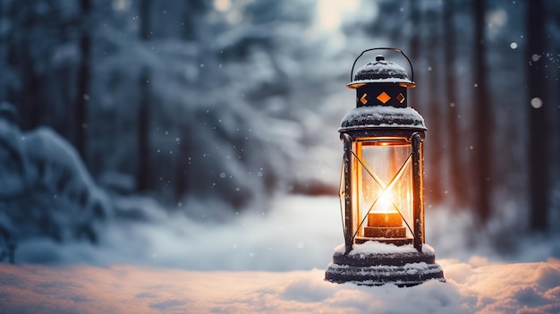 Foto linterna de navidad en la nieve con fondo de bosque de invierno