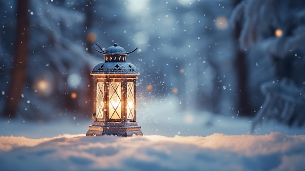 Linterna de Navidad en la nieve con fondo de bosque de invierno