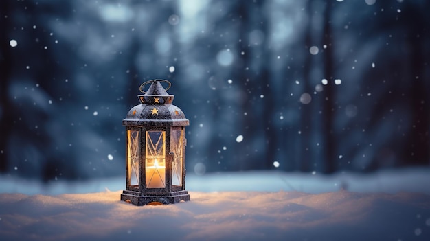 Foto linterna de navidad en la nieve con fondo de bosque de invierno