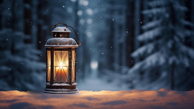 Linterna de Navidad en la nieve con fondo de bosque de invierno