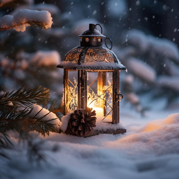 Linterna de Navidad en la nieve con muñeco de nieve Paisaje invernal Rama de abeto en la noche SceneAi generado