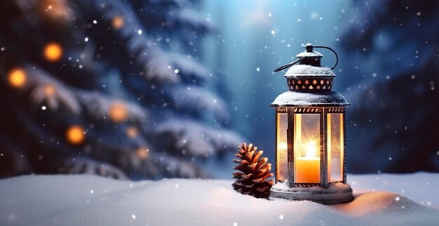 Linterna de Navidad en la nieve con rama de abeto en la escena vespertina IA generativa
