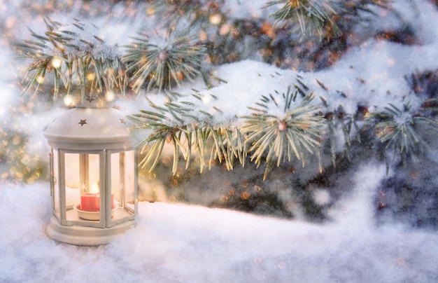 La linterna navideña con velas encendidas brilla sobre la nieve y las ramas de abeto nevadas