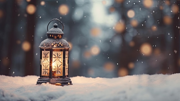 Foto linterna en la nieve con invierno borroso y fondo nevado concepto de navidad