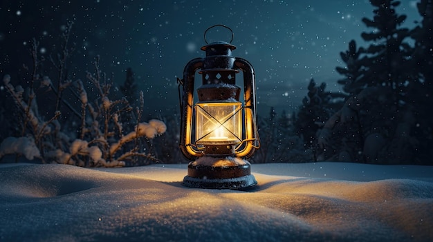 Una linterna en la nieve con la luz encendida