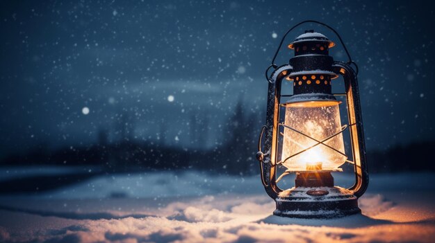Una linterna en la nieve con la palabra fuego