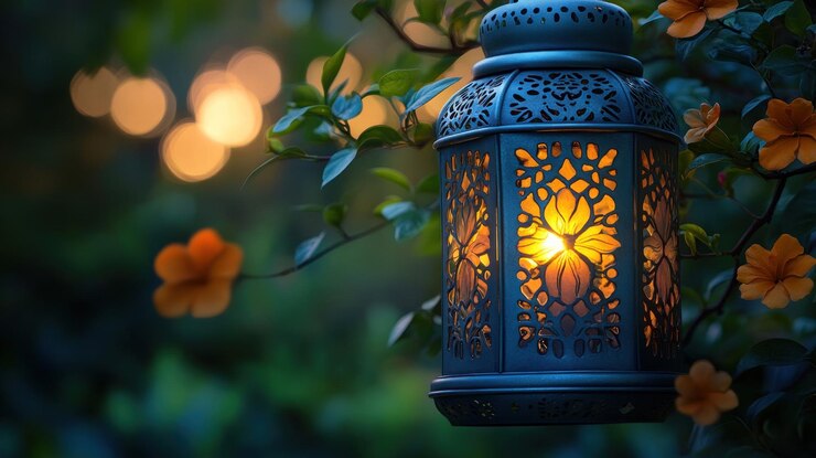 Linterna ornamentada colgando de una rama en un jardín al crepúsculo La luz suave de la linterna ilumina la vegetación circundante