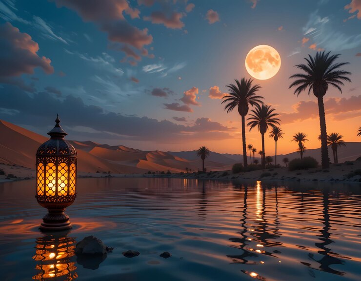 Linterna ornamentada flotando en un oasis del desierto al atardecer con palmeras