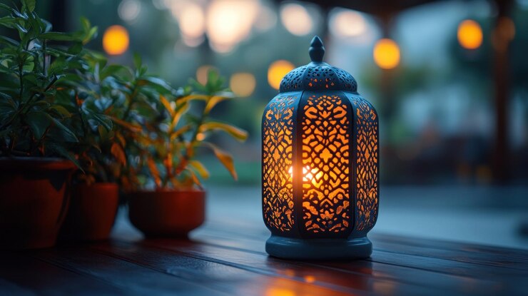 Linterna ornamentada en una mesa de madera con plantas por la noche