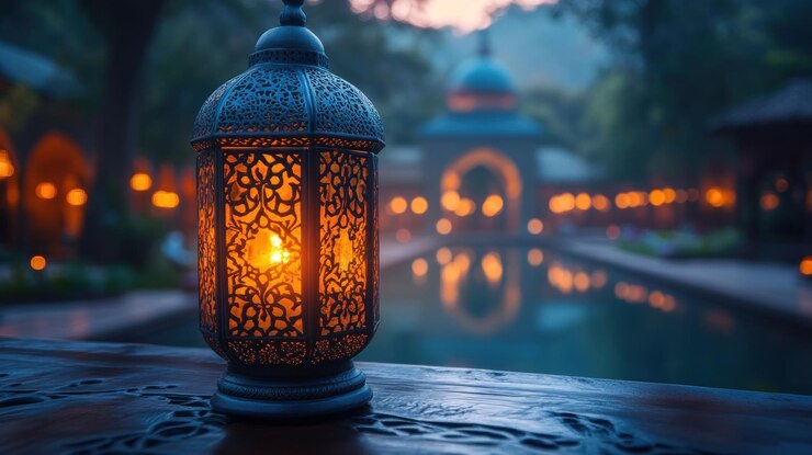 Linterna ornamentada que ilumina un tranquilo jardín al anochecer