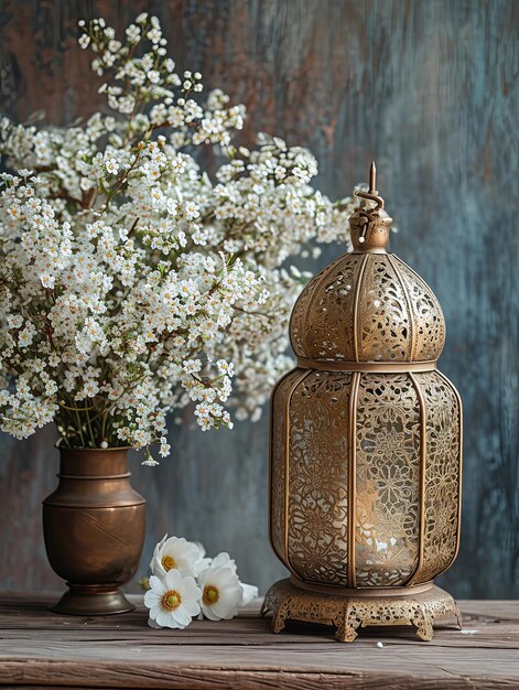 Foto linterna de oro y decoraciones para el ramadán