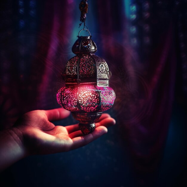 Foto linterna en la palma de la mano fondo de saludos islámicos eid