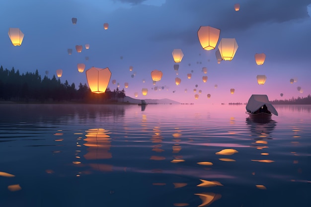 Una linterna de papel flotante flota en el agua por la noche.