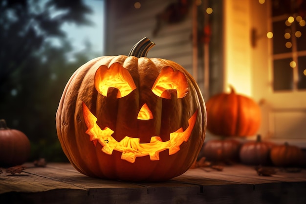 Foto una linterna parpadeando en el fondo de halloween del porche delantero