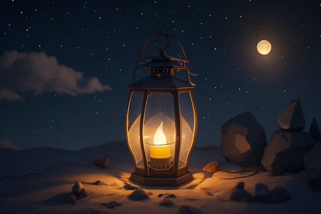 Linterna con una pequeña vela encendida y cielo nocturno con luna creciente en el fondo