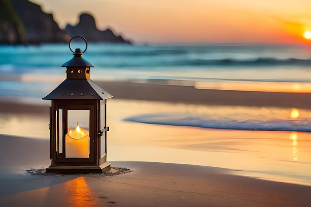 Una linterna en la playa al atardecer