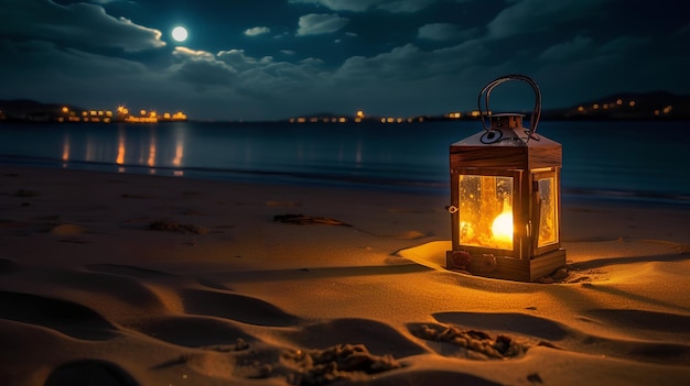 Una linterna en la playa por la noche.