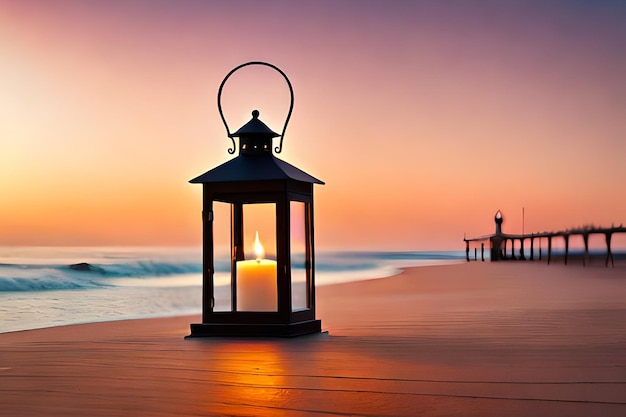 Una linterna en una playa con una puesta de sol de fondo