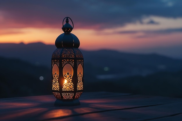 Linterna de Ramadán con dátiles tradicionales por la noche en una mesa Eid al AdhaEid MubarakEid al fitr Ramadán Kareem