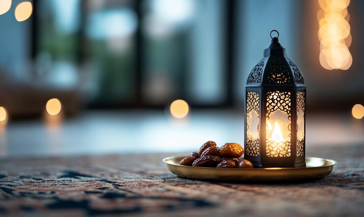Linterna de Ramadán fechas alfombra casa por la noche