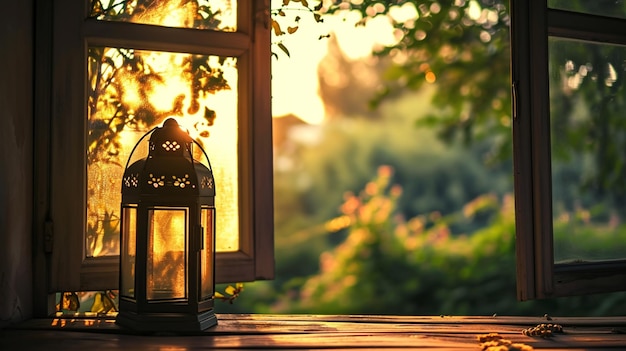 Linterna de Ramadán junto a la ventana abierta hermosa tarjeta de felicitación con espacio de copia Generativo Ai