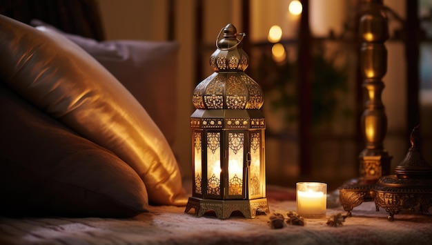 Foto linterna del ramadán ornamento islámico borroso bokeh fondo