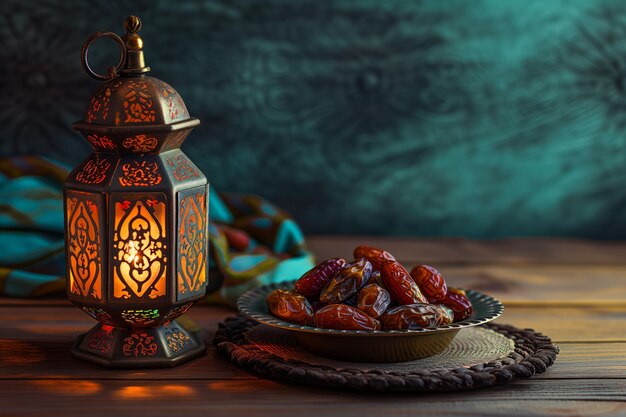 Linterna de Ramadán y plato de higos