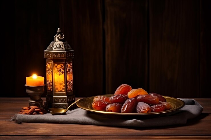 Linterna de Ramadán y plato de higos