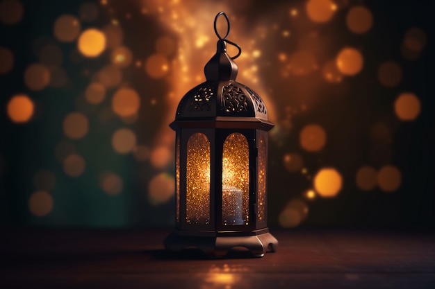 Linterna de Ramadán radiante en una habitación oscura con una imagen oscura y borrosa detrás de ella generativa ai