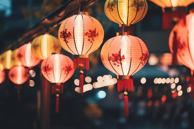 linterna roja china en la noche del Año Nuevo chino de la felicidad