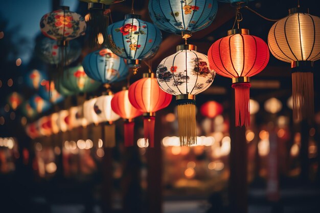 linterna roja china en la noche del Año Nuevo chino de la felicidad