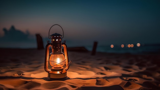 Una linterna se sienta en una playa por la noche.