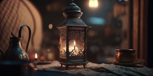 Linterna tradicional con banner de estilo islámico de velas para exhibición de productos hermosa invitación musulmana eid mubarak