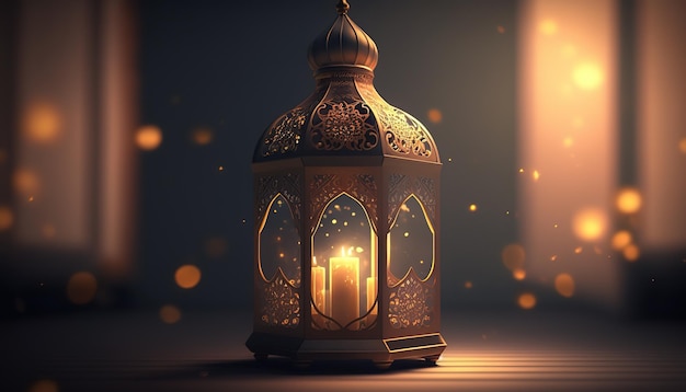 Linterna tradicional con velasBanner de estilo islámico para exhibición de productos Hermosa invitación musulmana Eid mubarak Fondo de religión IA generativa
