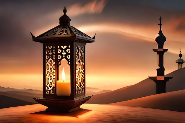 Una linterna con una vela en el desierto.