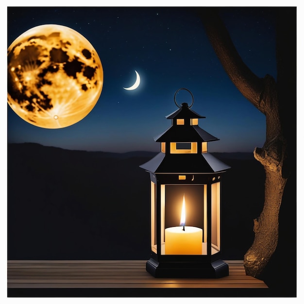 Foto linterna con vela encendida y cielo nocturno con luna creciente en el fondo
