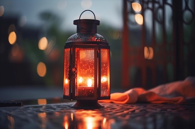 Una linterna con una vela encendida Fondo islámico Fondo de Ramadán