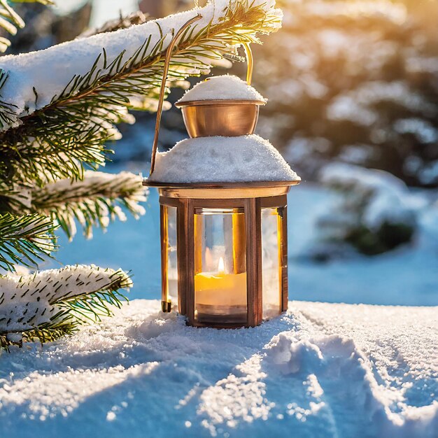 Linterna con vela encendida en el fondo de la nieve de Navidad