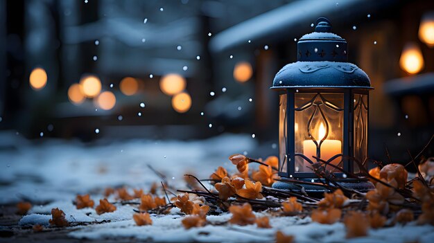 Linterna con vela encendida en el fondo de la nieve navideña