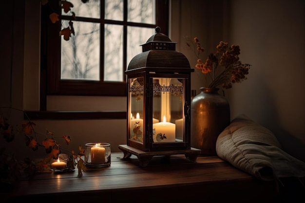 Una linterna con una vela en el interior que ilumina un interior cálido y acogedor