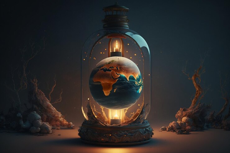 Una linterna de vela de vidrio con un planeta Tierra en miniatura dentro de la IA generativa