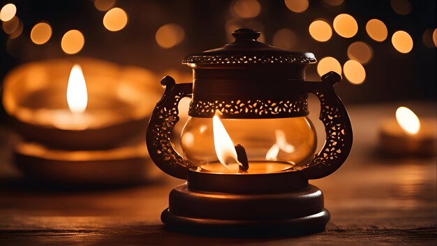 Foto linterna con velas encendidas en una mesa de madera contra un fondo bokeh