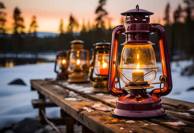 Linterna con velas encendidas en un muelle de madera en el bosque