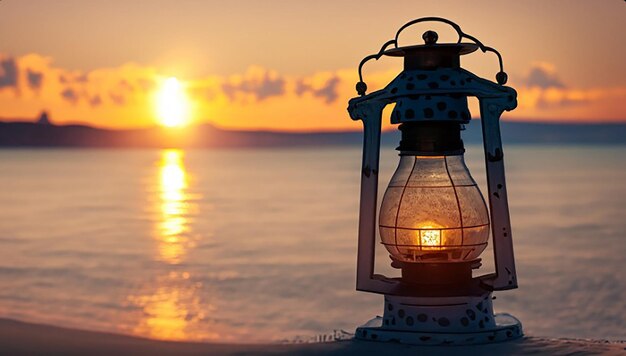 Foto linterna vintage al atardecer noche romántica en la playa tamaño de pancarta