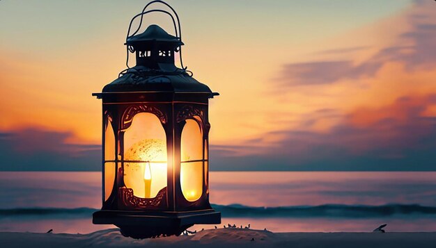 Foto linterna vintage al atardecer noche romántica en la playa tamaño de pancarta