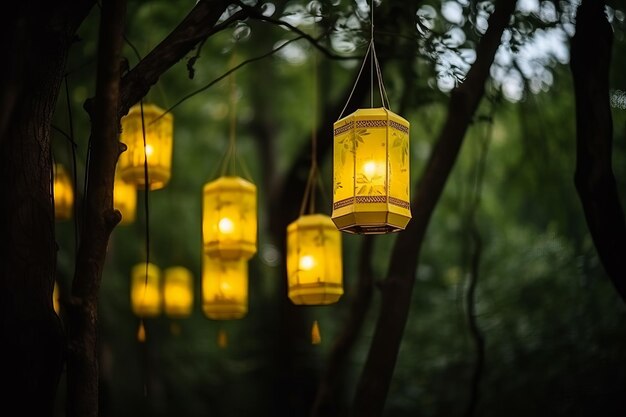 Linternas amarillas iluminadas bosque Generar Ai