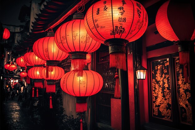 Linternas de Año Nuevo Chino de color carmesí por la noche