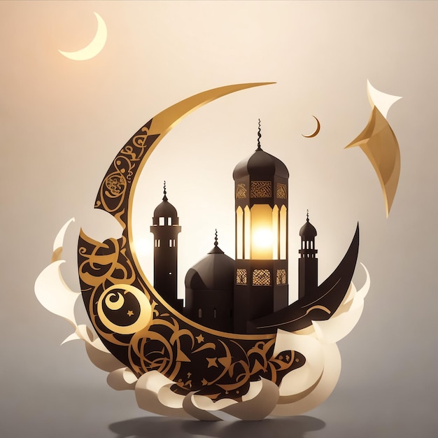 Linternas árabes decorativas con velas encendidas en la Media Luna Luminando luces de bokeh doradas Eid Mubarak Ramadán eid dul fitar Mes sagrado musulmán Ramadán Kareem Negro oscuro Fondo aceitoso