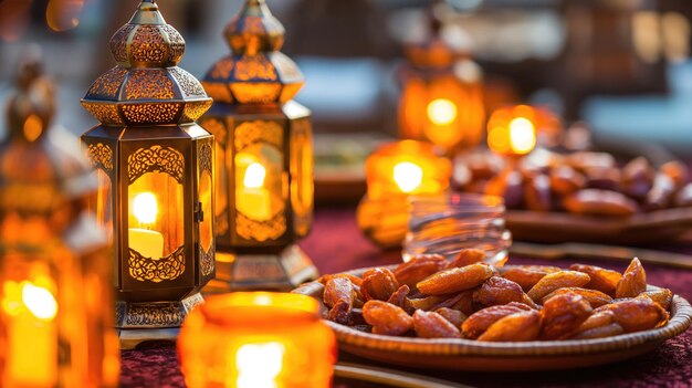 Linternas árabes tradicionales con un plato de dátiles en el fondo del Ramadán